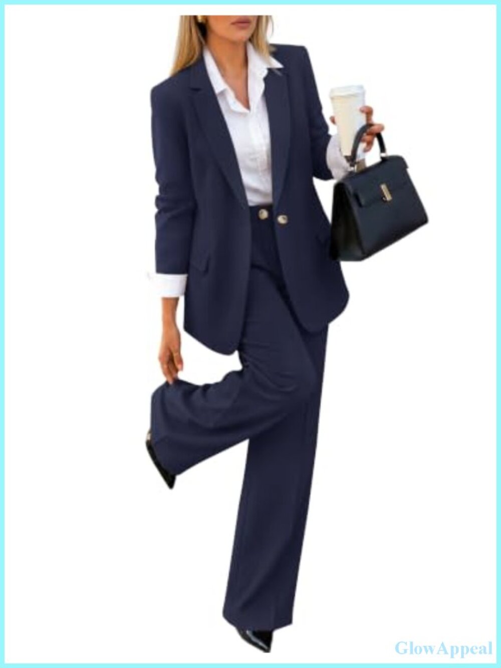 2 Piece Blazer Suit Set Lapel Open Front Wide Leg Pants Business Casual